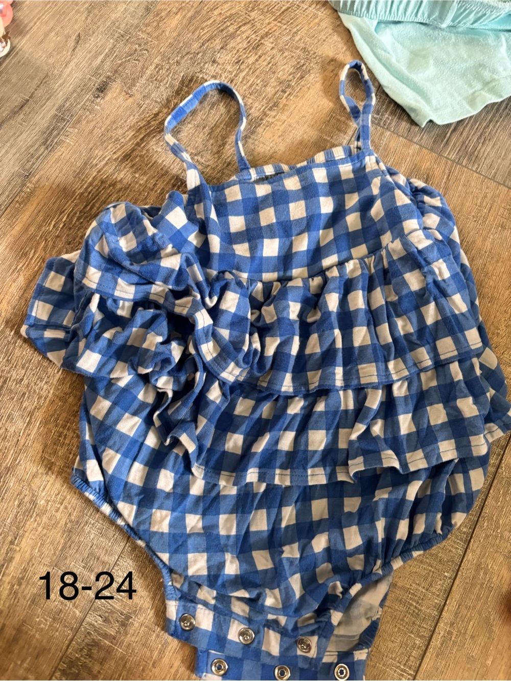 Posh Peanut Blue and White Gingham Ruffle Romper Set